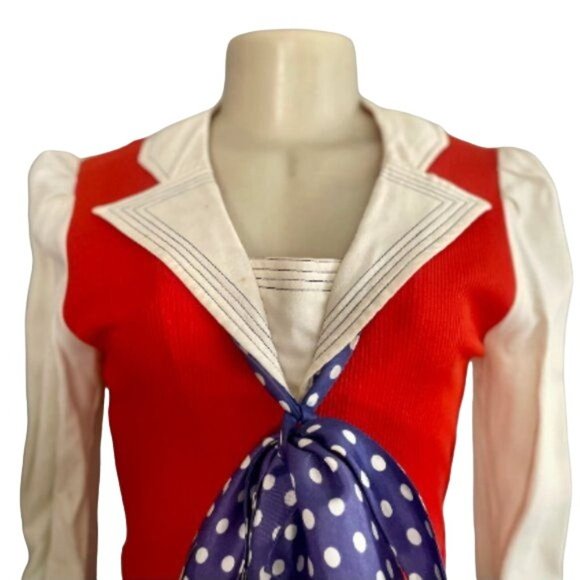 Vintage 70s Maxi Dress Sz S M Red White Blue w Long Sleeves & Polka Dots scarf. - Picture 4 of 8